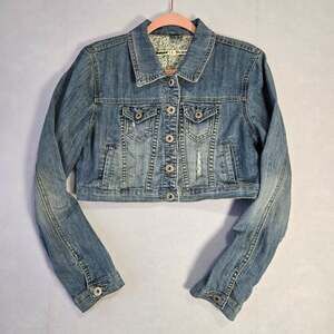 Dollhouse Cropped Denim Jacket L Distressed Blue Y2K Floral Trucker